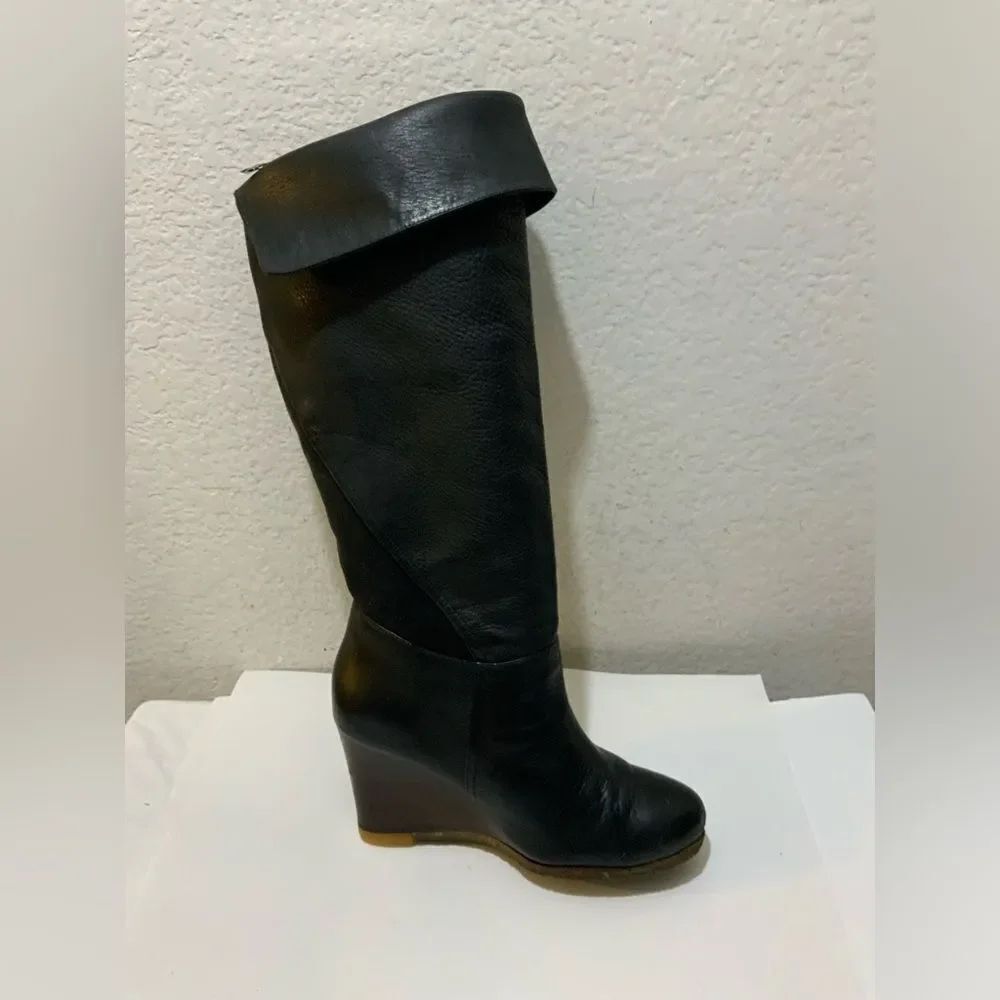 UGG Ravenna Women's Black Leather Sheepskin Tall Wedge Boots 3200 - Size 8.5 M